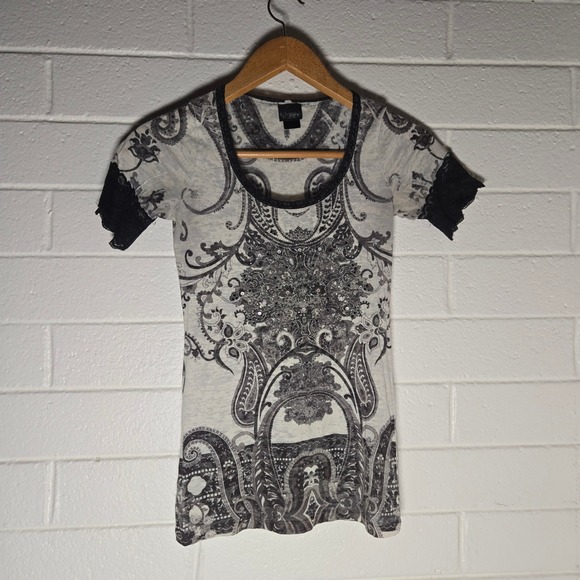Daytrip Tops - Daytrip Womens Tee Paisley Rhinestone Lace Trim Tattoo Small Y2K Grunge Boho Bro